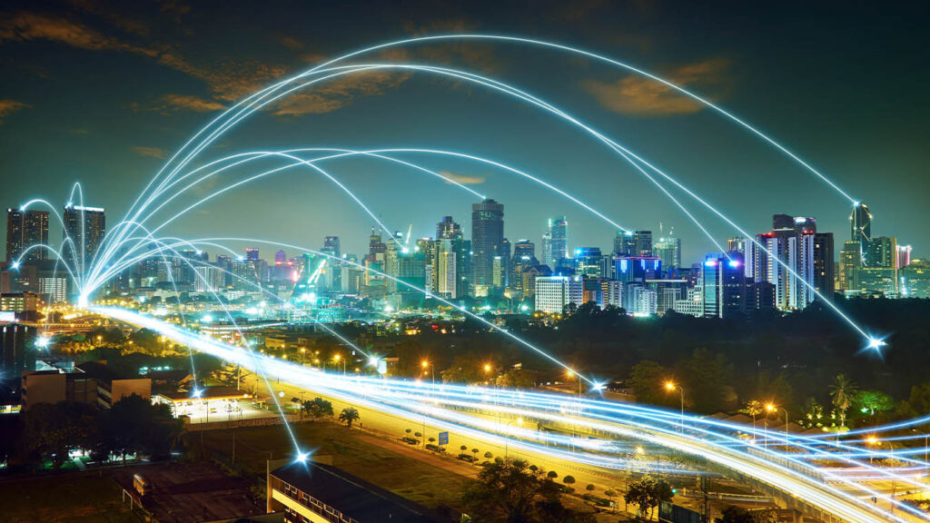 Stock Image showing connection across a major city with cool lit up lines. Used for the Internet Bill of Rights page on Jerone Davison's website.