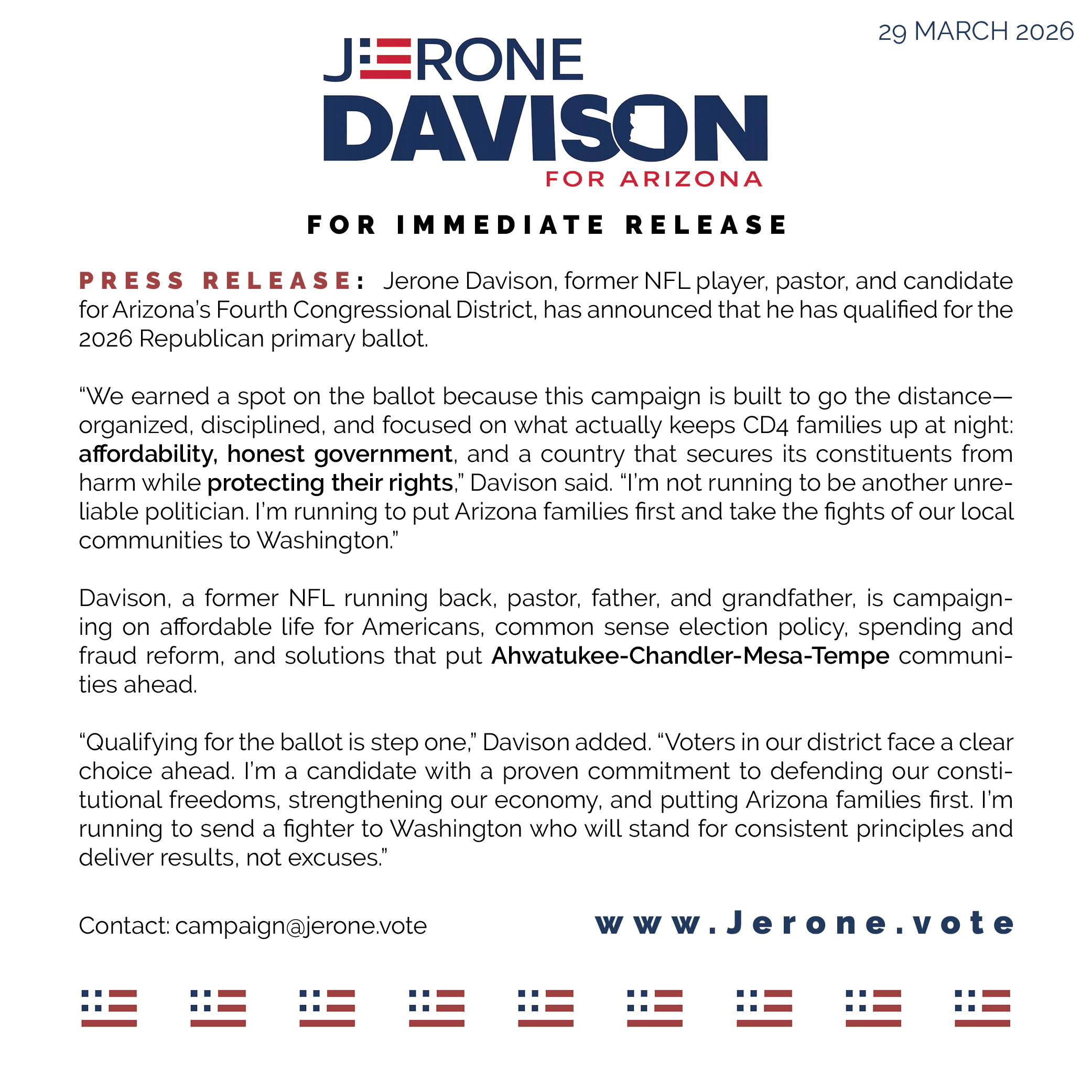 Jerone Davison Press Release Number 2 - Qualified For Primary Ballot in 2026.